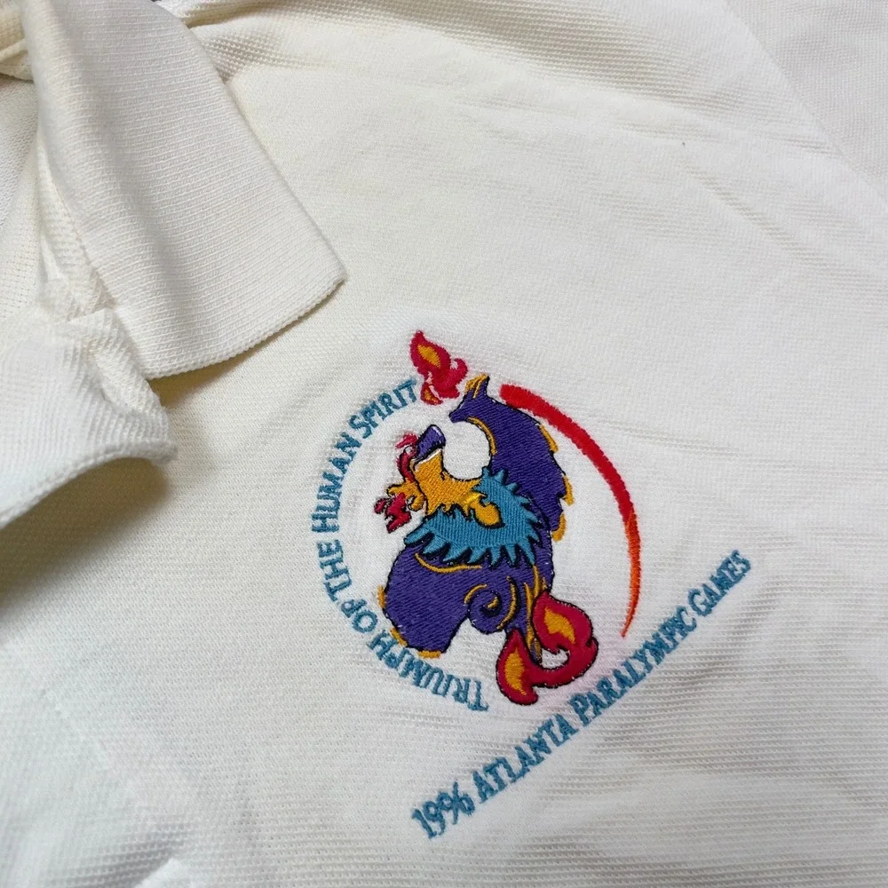 VTG 1996 Atlanta Paralympic Games Polo Shirt Men's Cream Short Sleeve L USA logo